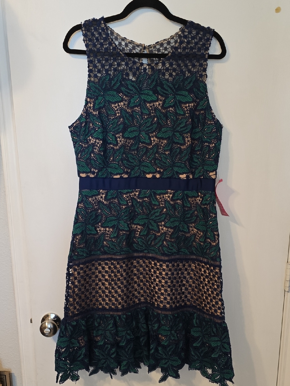 Badgley Mischka Navy and Green Lace Floral Midi Dress with Ribbon Waist